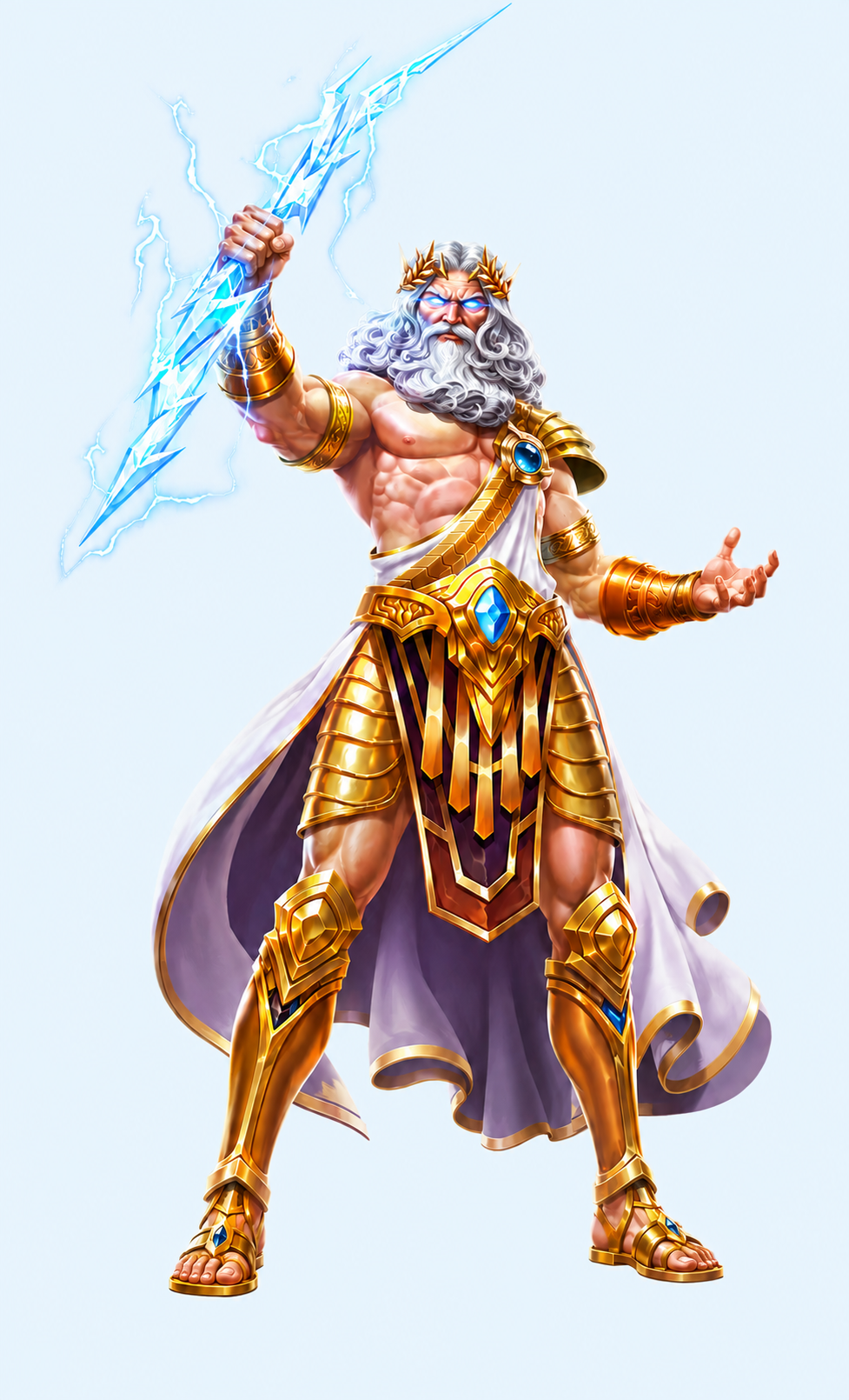 Zeus wielding lightning with glowing blue eyes
